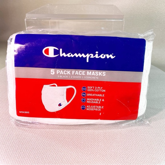 Two- Champion Branded Face Mask Set of 5- 2 Black 2 white 1 Gray Adult Adj nose - Picture 3 of 9